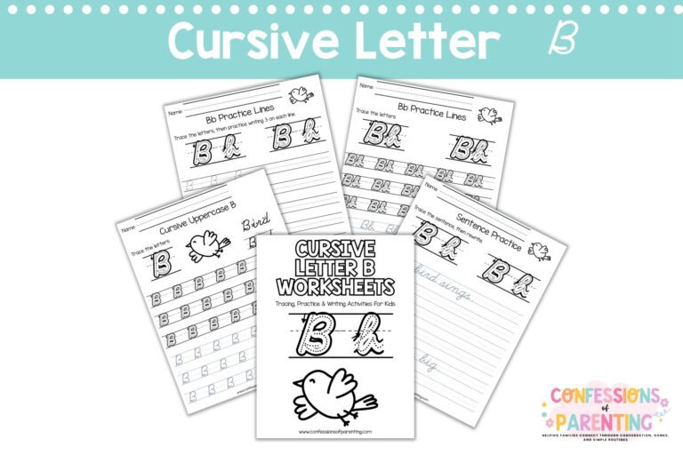 Cursive letter B worksheets printable with tracing, words, and practice pages for kids handwriting
