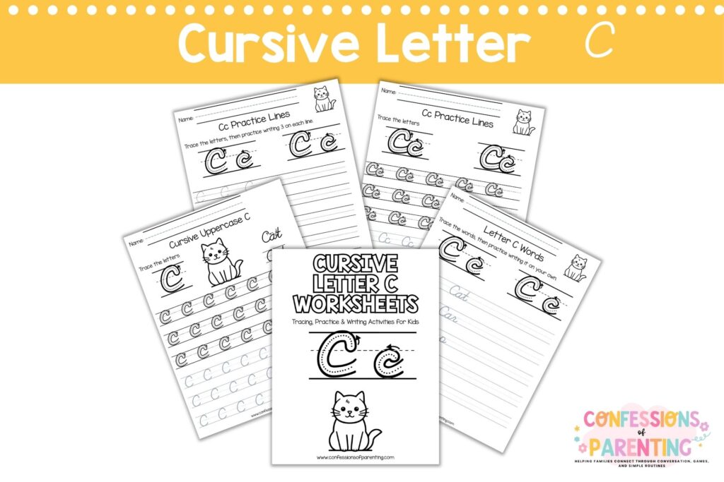 Cursive letter C worksheets printable with tracing, words, and practice pages for kids handwriting