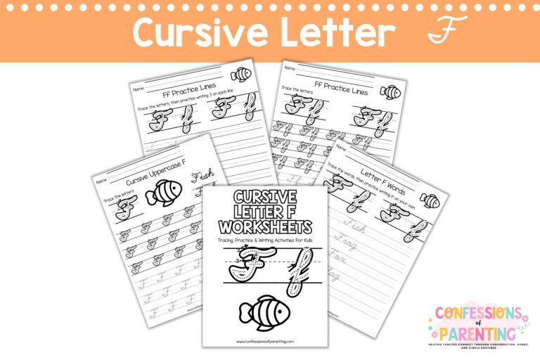 Cursive letter F worksheets printable with tracing, words, and practice pages for kids handwriting