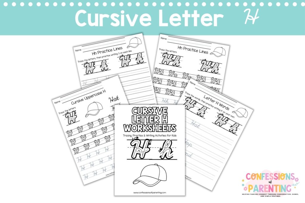 Cursive letter H worksheets printable with tracing, words, and practice pages for kids handwriting