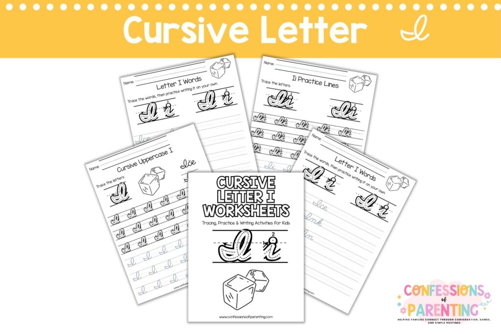 Cursive letter I worksheets printable with tracing, words, and practice pages for kids handwriting