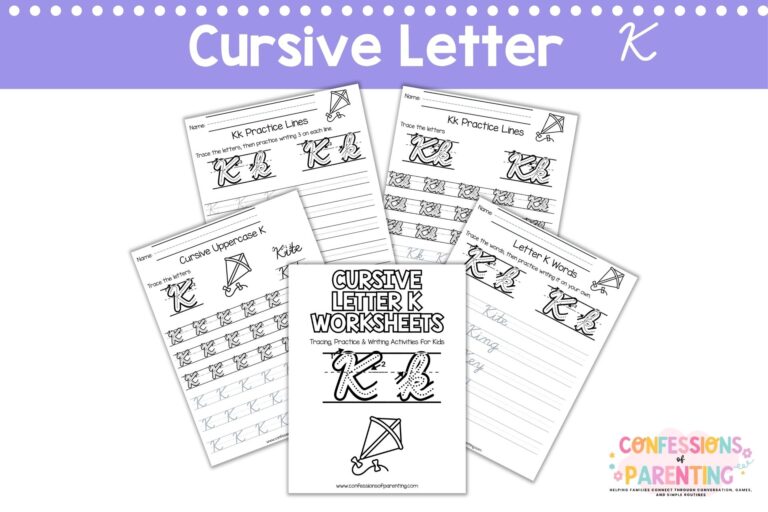 Cursive letter K worksheets printable with tracing, words, and practice pages for kids handwriting