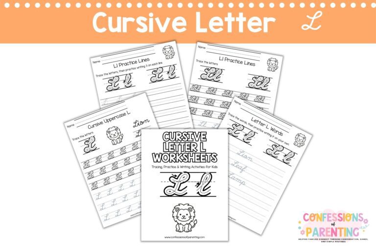 Cursive letter L worksheets printable with tracing, words, and practice pages for kids handwriting