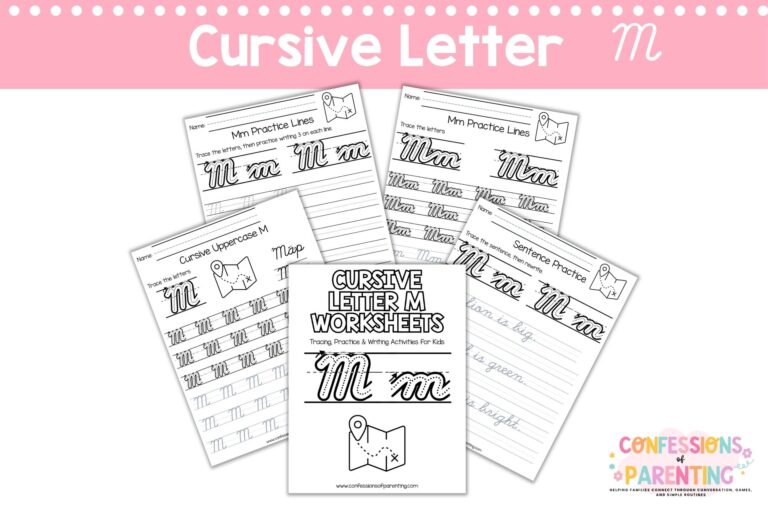 Cursive letter M worksheets printable with tracing, words, and practice pages for kids handwriting