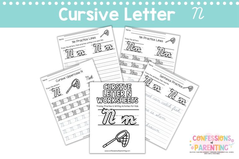 Cursive letter N worksheets printable with tracing, words, and practice pages for kids handwriting