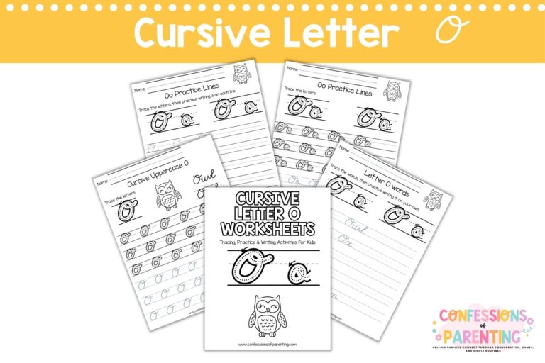 Cursive letter O worksheets printable with tracing, words, and practice pages for kids handwriting