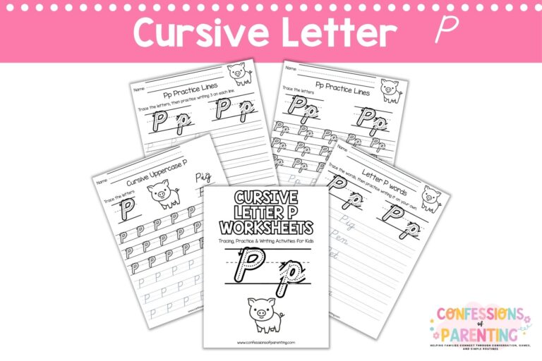 Cursive letter P worksheets printable with tracing, words, and practice pages for kids handwriting