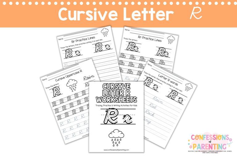 Cursive letter R worksheets printable with tracing, words, and practice pages for kids handwriting