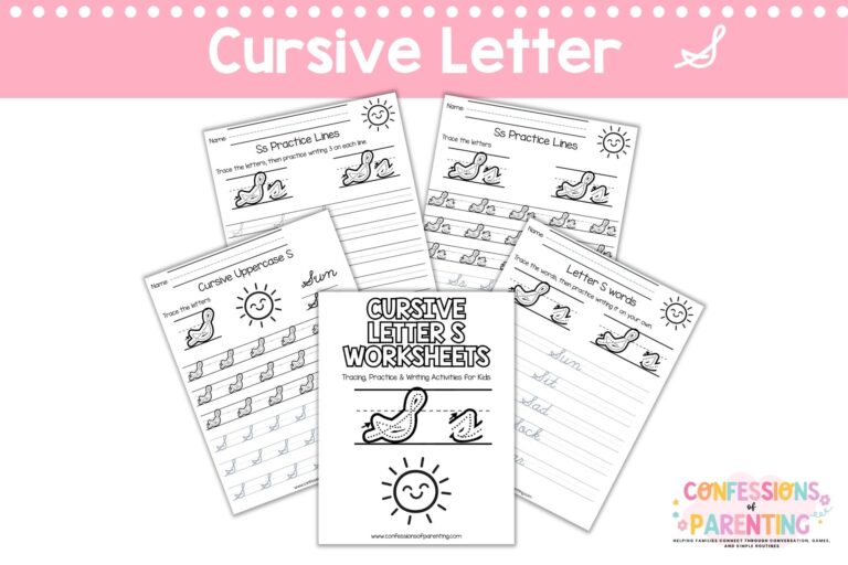 Cursive letter S worksheets printable with tracing, words, and practice pages for kids handwriting