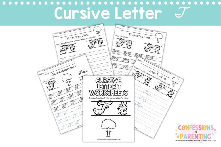 Cursive letter T worksheets printable with tracing, words, and practice pages for kids handwriting