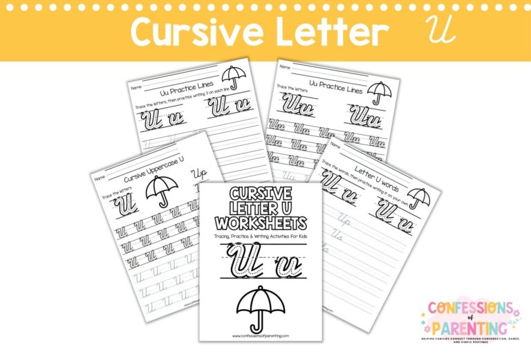 Cursive letter U worksheets printable with tracing, words, and practice pages for kids handwriting