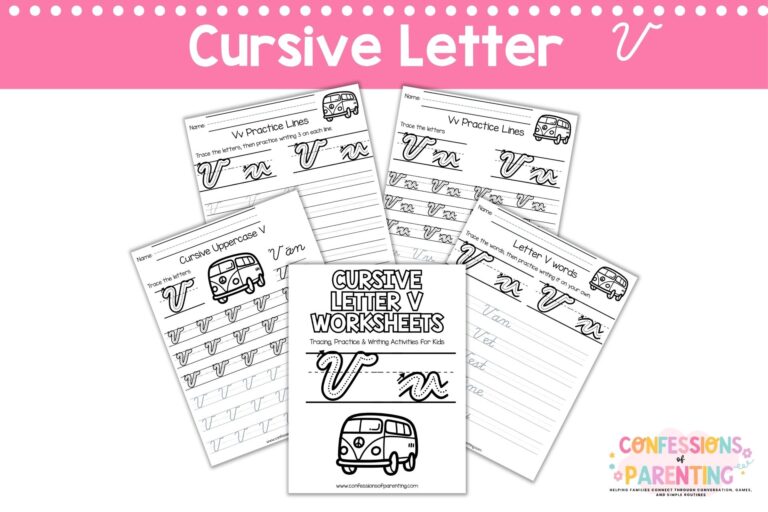 Cursive letter V worksheets printable with tracing, words, and practice pages for kids handwriting