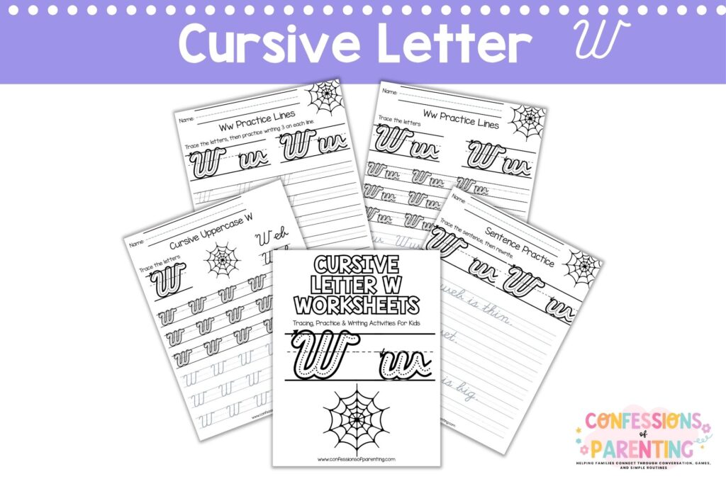 Cursive letter W worksheets printable with tracing, words, and practice pages for kids handwriting