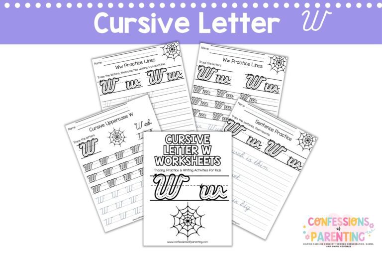 Cursive letter W worksheets printable with tracing, words, and practice pages for kids handwriting