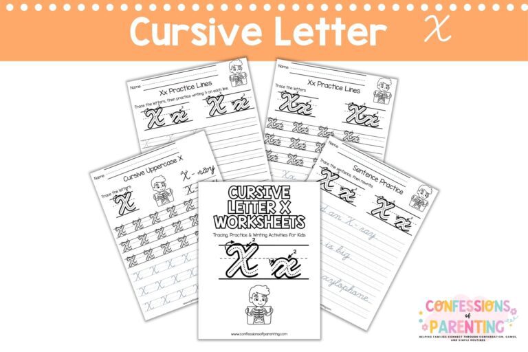 Cursive letter X worksheets printable with tracing, words, and practice pages for kids handwriting