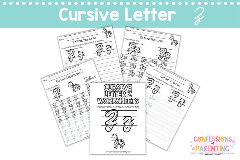 Cursive letter Z worksheets printable with tracing, words, and practice pages for kids handwriting