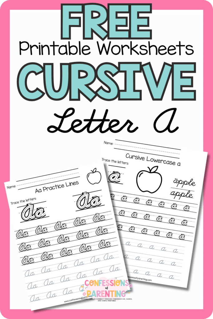 Free cursive letter A printable worksheets with uppercase and lowercase A handwriting practice pages