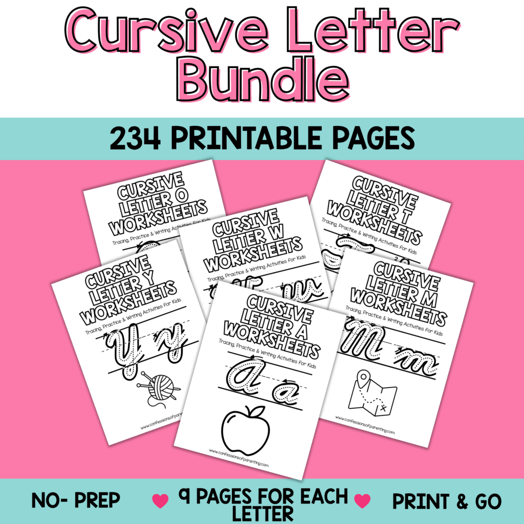 Cursive letter a-Z worksheets printable with tracing, words, and practice pages for kids handwriting