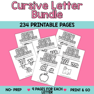 Cursive letter a-Z worksheets printable with tracing, words, and practice pages for kids handwriting