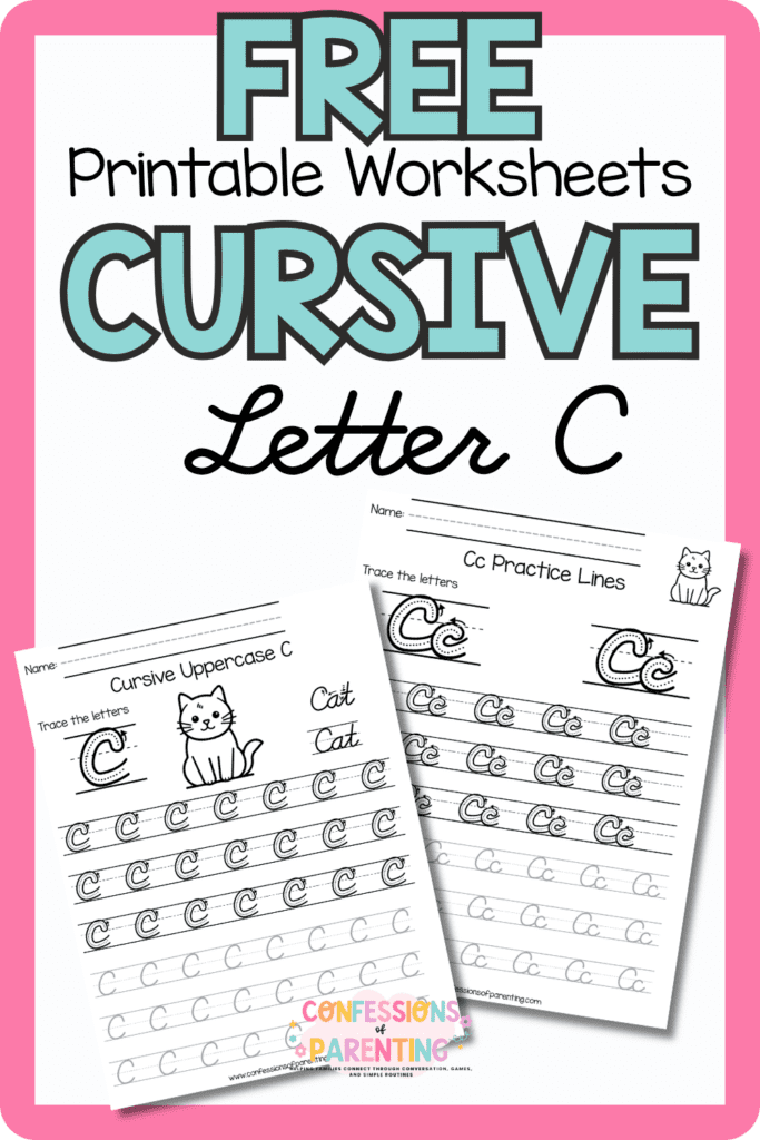Free cursive letter C printable worksheets with uppercase and lowercase C handwriting practice pages