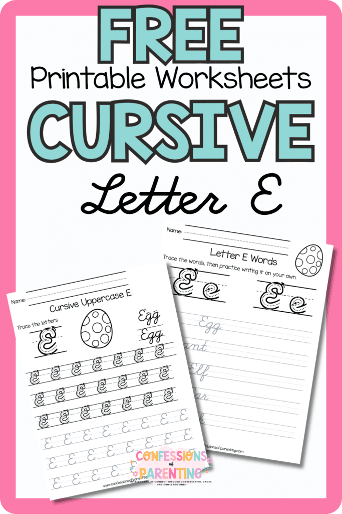 Free cursive letter E printable worksheets with uppercase and lowercase E handwriting practice pages