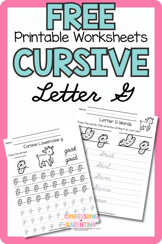 Free cursive letter G printable worksheets with uppercase and lowercase G handwriting practice pages