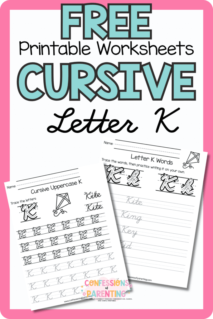 Free cursive letter K printable worksheets with uppercase and lowercase K handwriting practice pages
