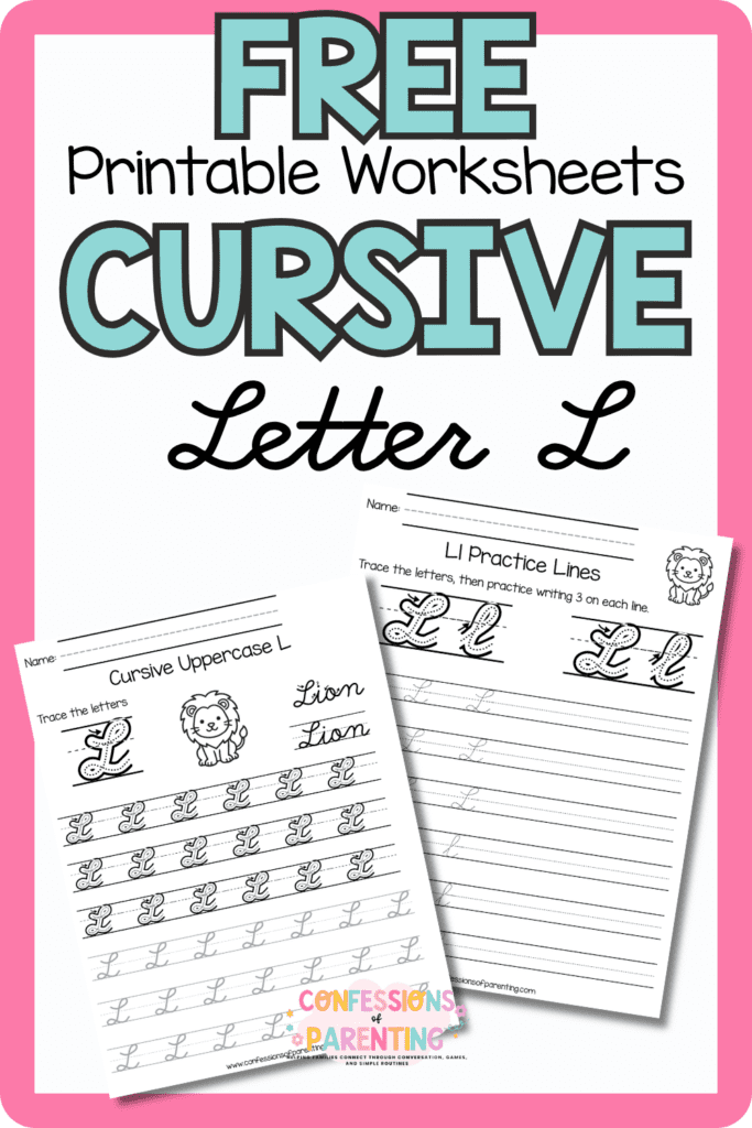 Free cursive letter L printable worksheets with uppercase and lowercase L handwriting practice pages