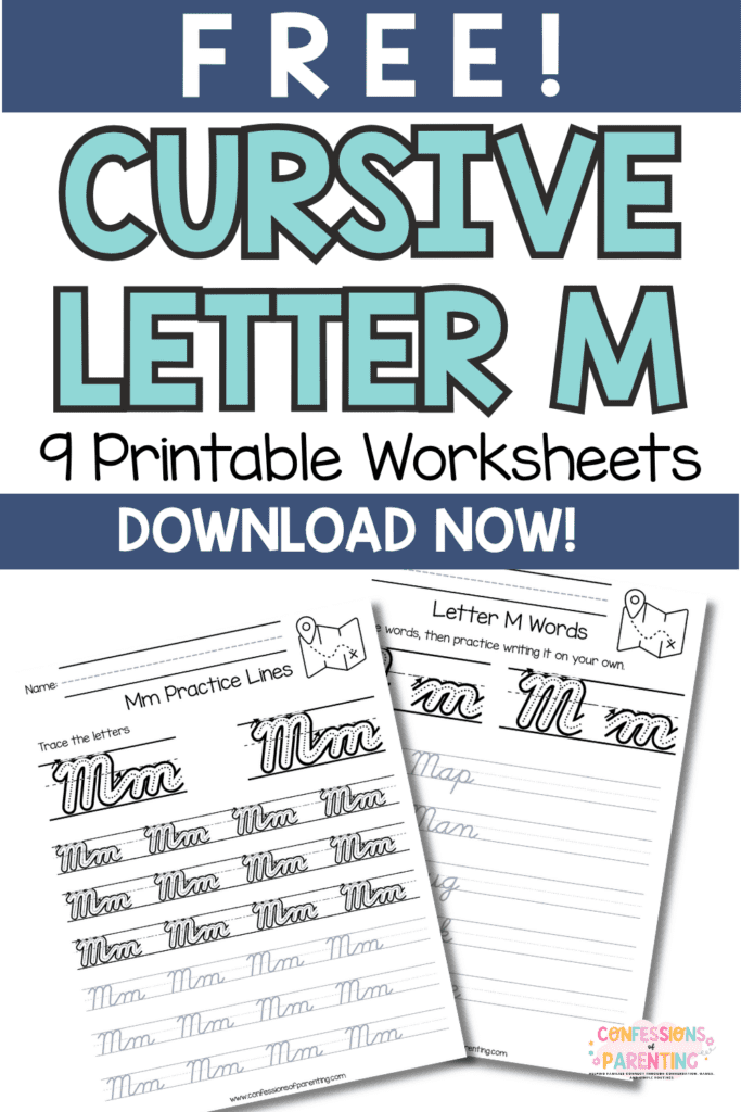 Free cursive letter M worksheets printable pages for uppercase and lowercase handwriting practice
