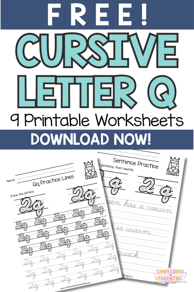 Free cursive letter Q worksheets printable pages for uppercase and lowercase handwriting practice
