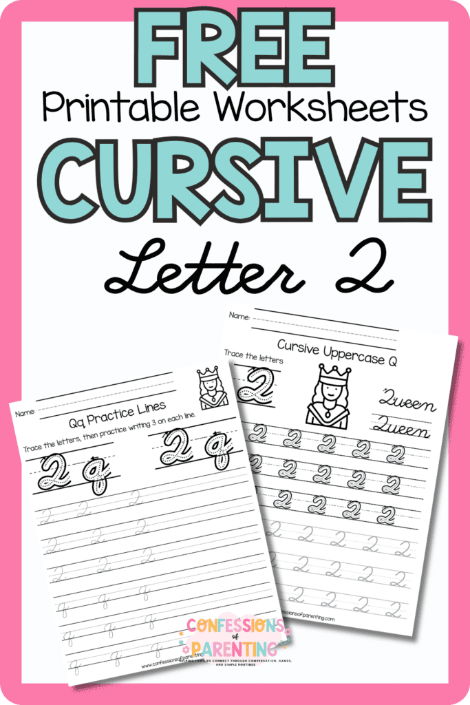 Free cursive letter Q printable worksheets with uppercase and lowercase Q handwriting practice pages