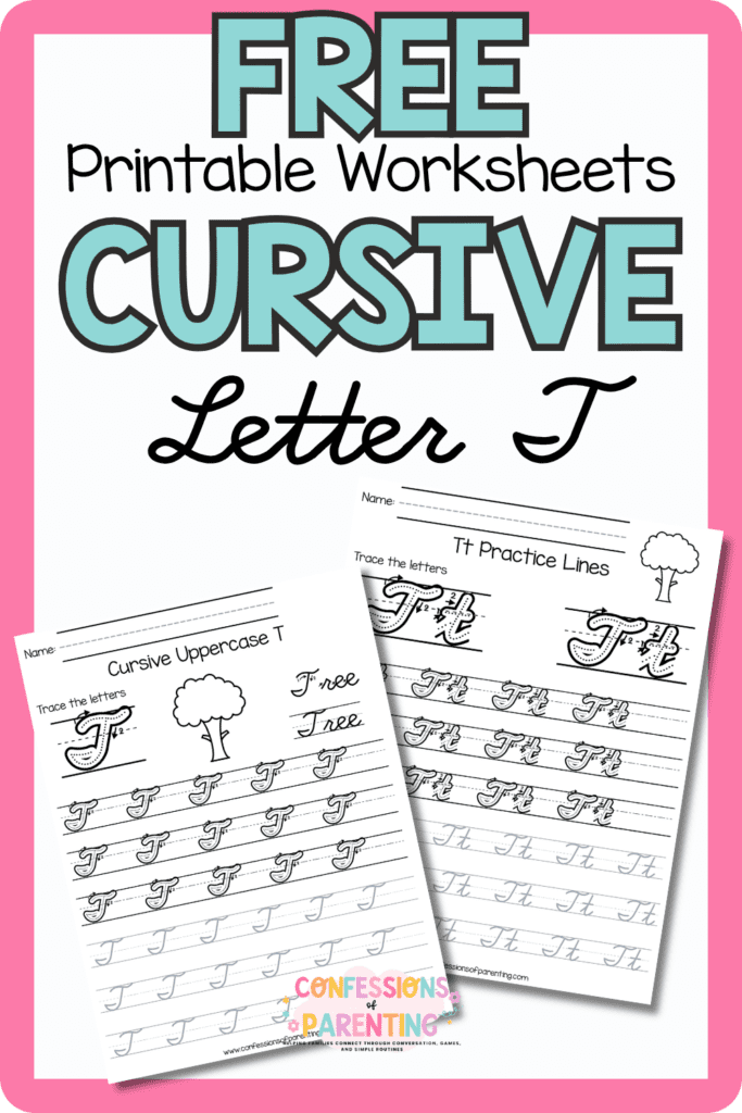 Free cursive letter T printable worksheets with uppercase and lowercase T handwriting practice pages