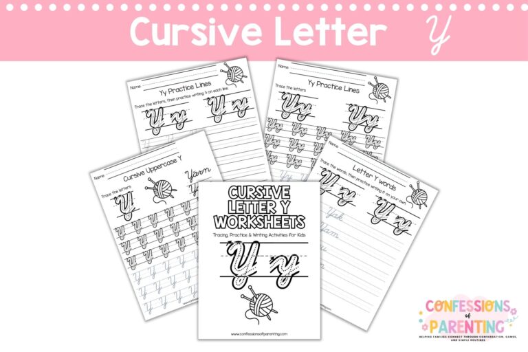 Cursive letter Y worksheets printable with tracing, words, and practice pages for kids handwriting