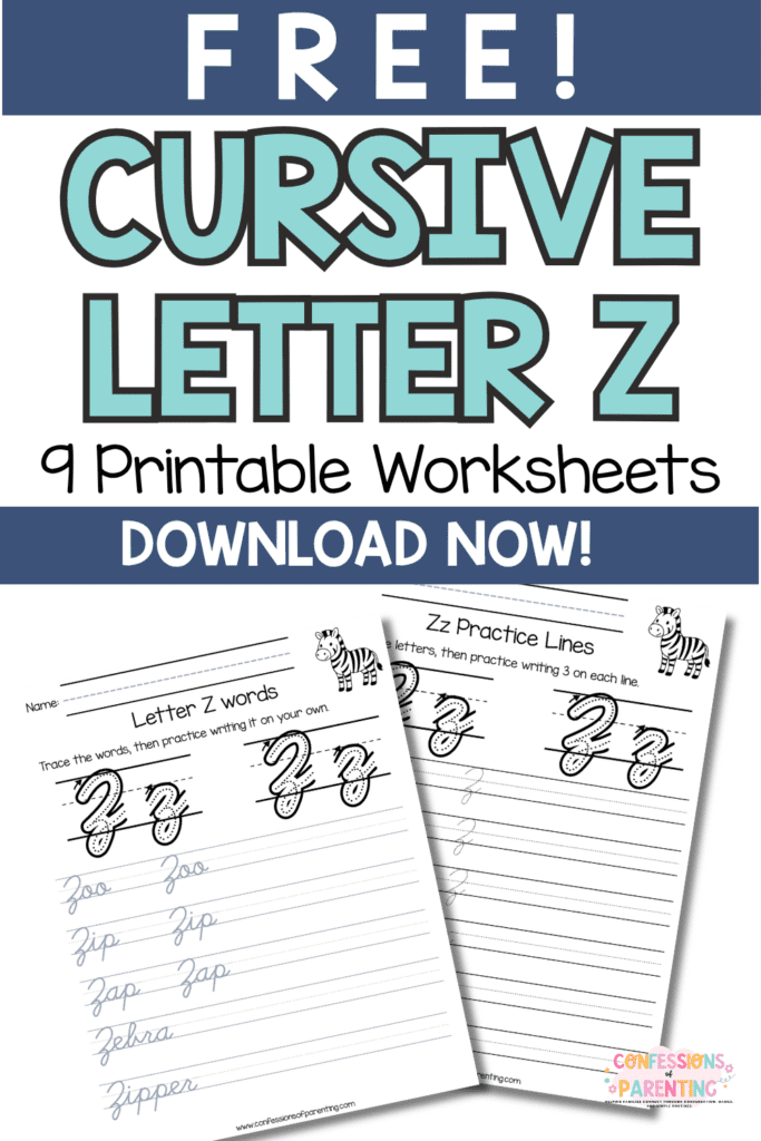 Cursive letter z worksheets pages including words like zebra, zip, zoo and sentence writing practice. 