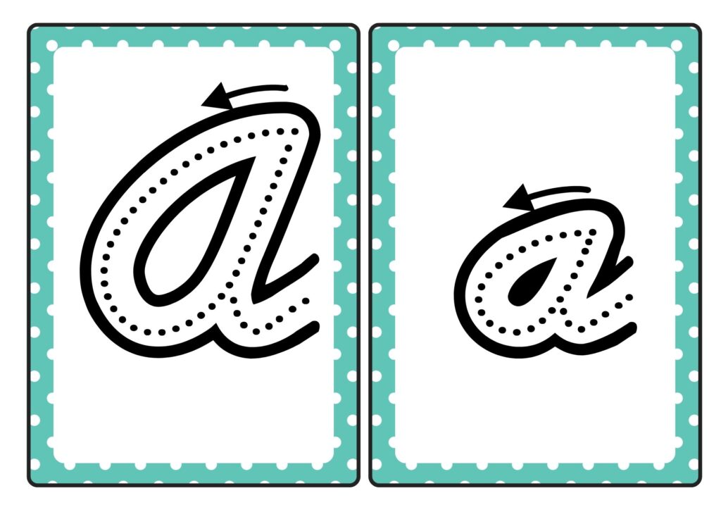 Cursive letter A tracing cards showing uppercase and lowercase A formation for kids practice