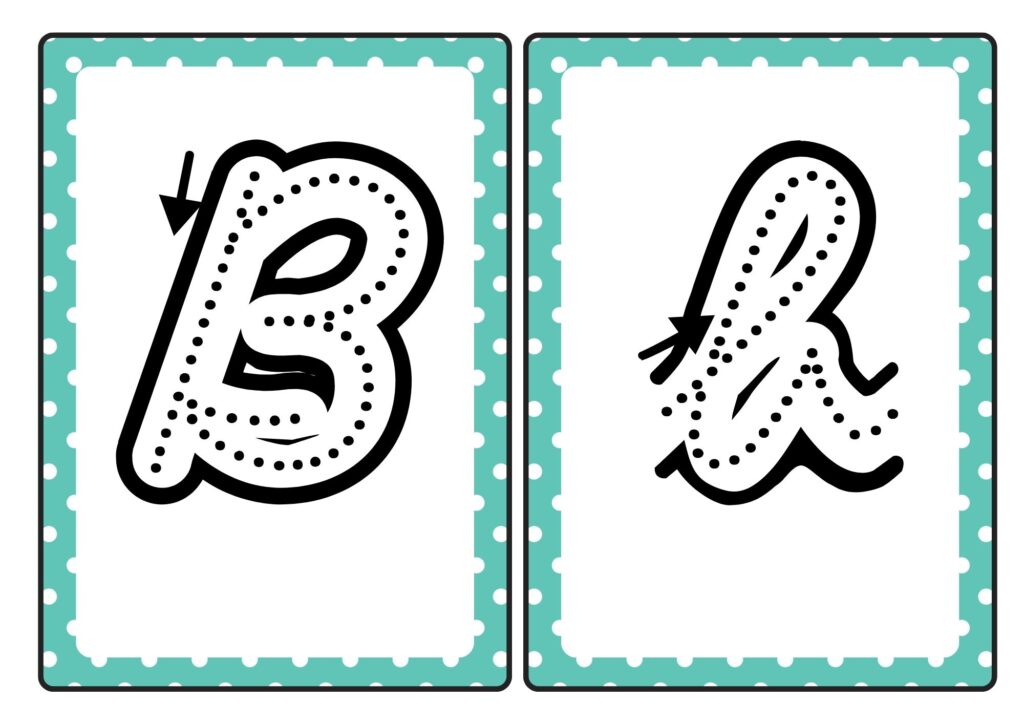 Cursive letter B tracing cards showing uppercase and lowercase B formation for kids practice