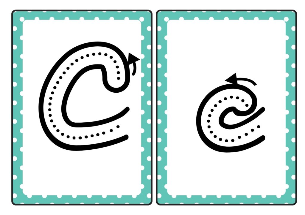 Cursive letter C tracing cards showing uppercase and lowercase C formation for kids practice