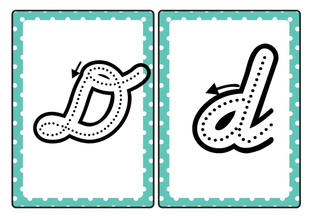 Cursive letter D tracing cards showing uppercase and lowercase D formation for kids practice