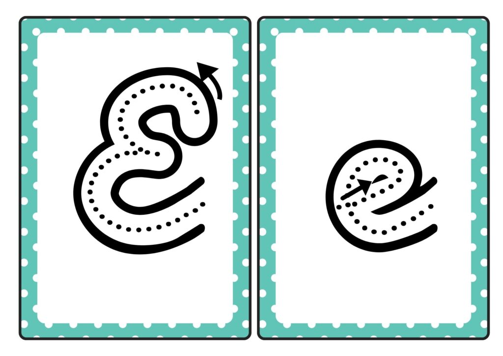 Cursive letter E tracing cards showing uppercase and lowercase E formation for kids practice