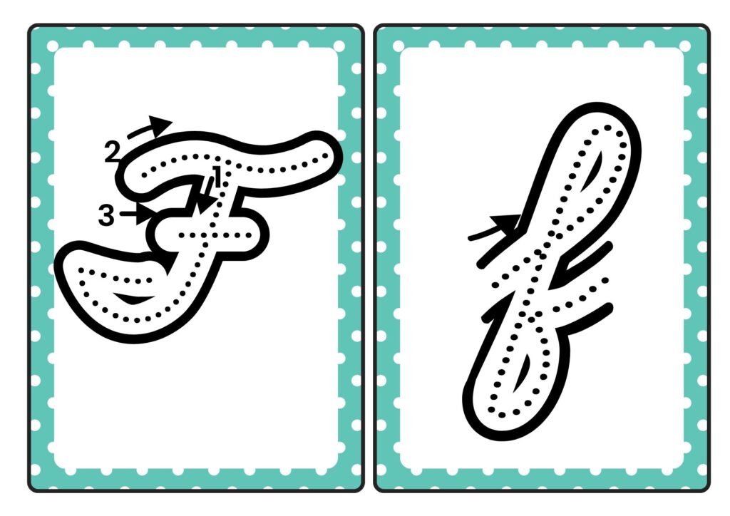 Cursive letter F tracing cards showing uppercase and lowercase F formation for kids practice