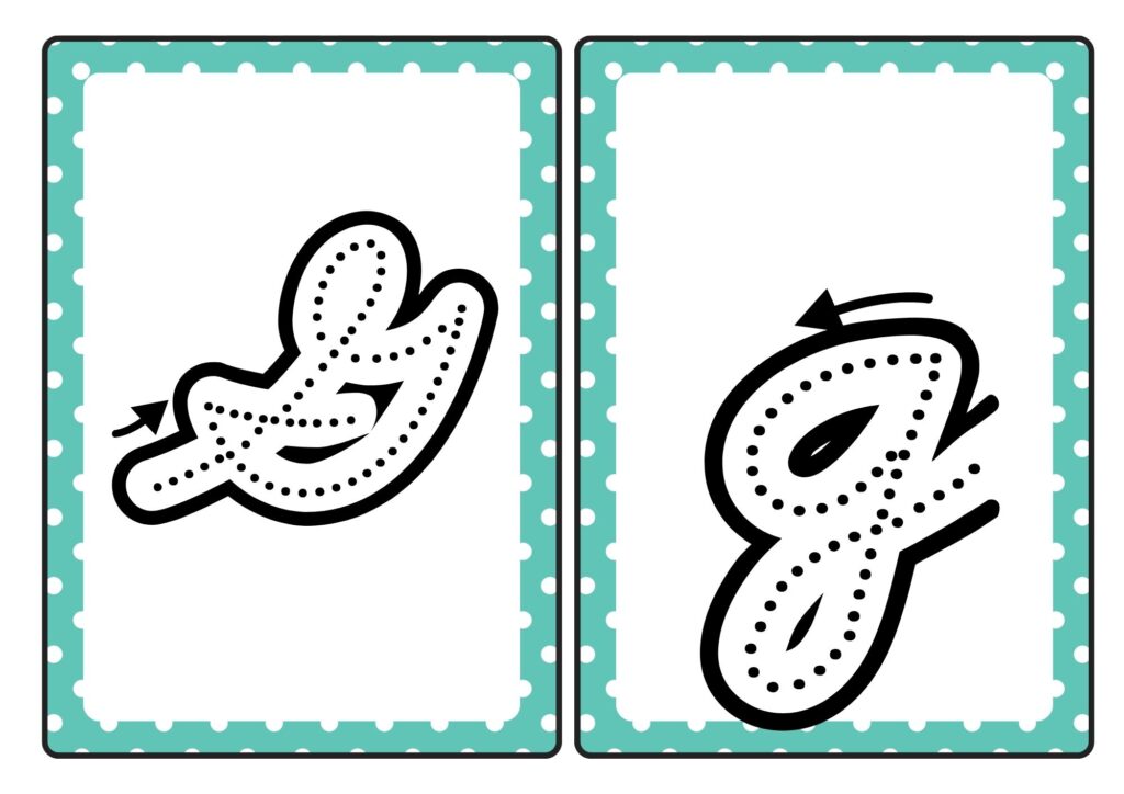 Cursive letter G tracing cards showing uppercase and lowercase G formation for kids practice