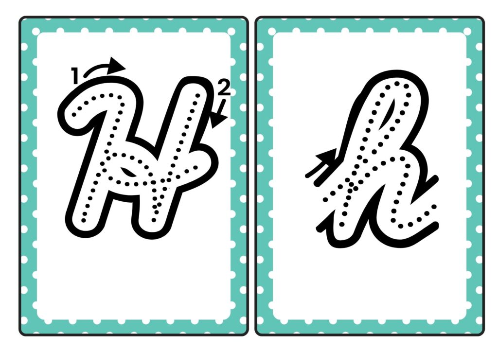 Cursive letter H tracing cards showing uppercase and lowercase H formation for kids practice