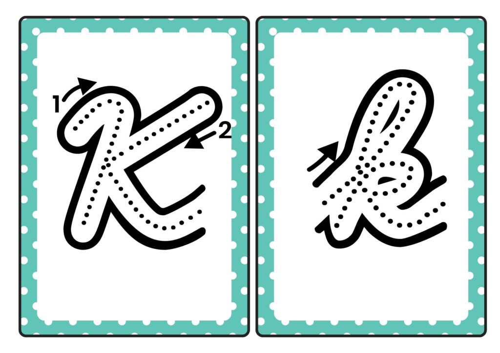 Cursive letter K tracing cards showing uppercase and lowercase K formation for kids practice