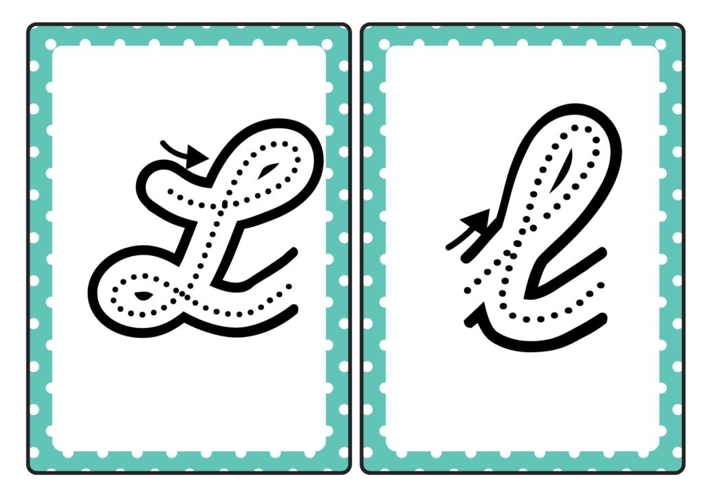 Cursive letter L tracing cards showing uppercase and lowercase L formation for kids practice