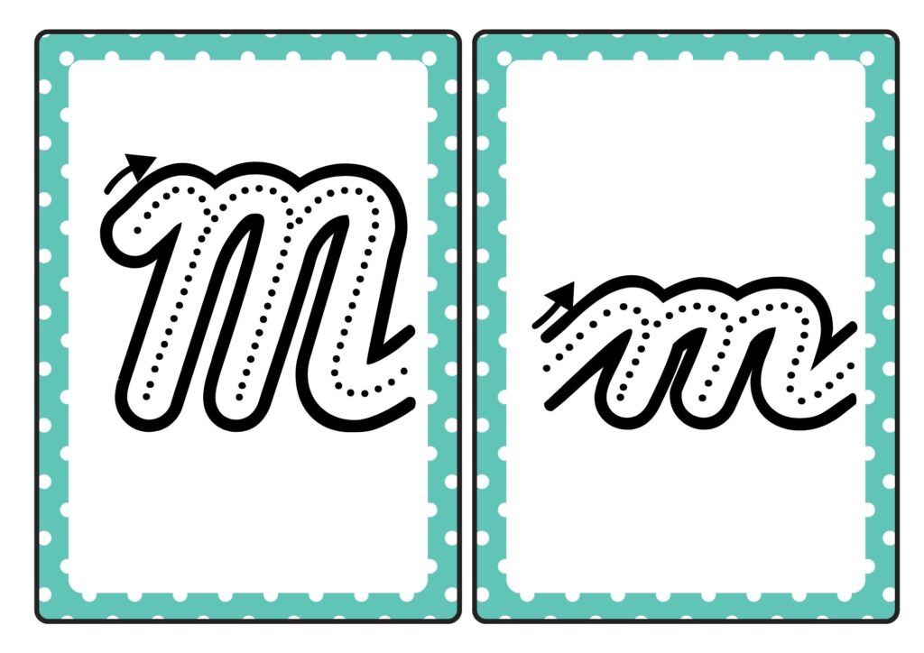 Cursive letter M tracing cards showing uppercase and lowercase M formation for kids practice