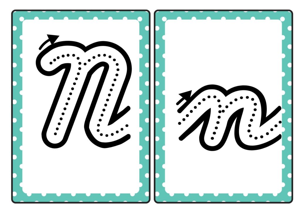 Cursive letter N tracing cards showing uppercase and lowercase N formation for kids practice