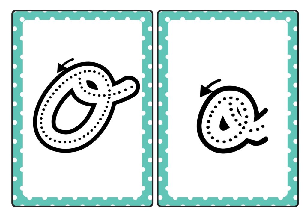 Cursive letter O tracing cards showing uppercase and lowercase O formation for kids practice