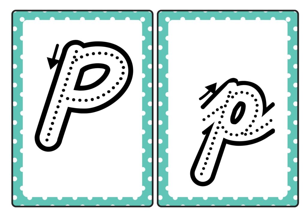 Cursive letter P tracing cards showing uppercase and lowercase P formation for kids practice