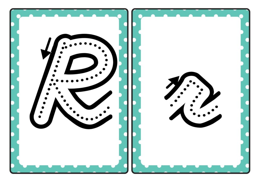 Cursive letter R tracing cards showing uppercase and lowercase R formation for kids practice