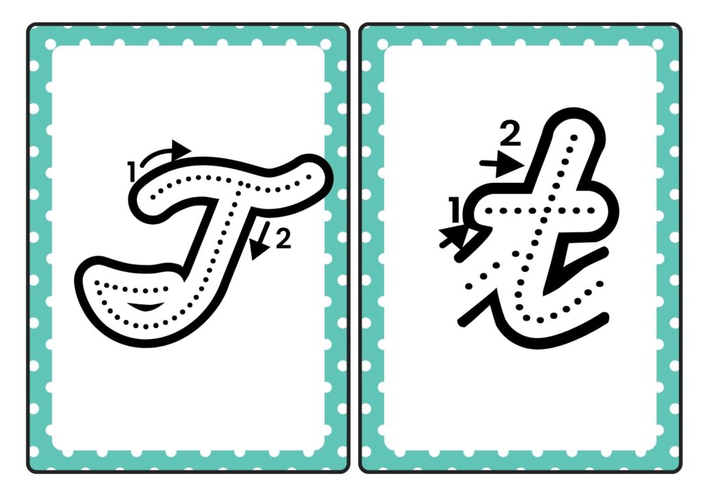 Cursive letter T tracing cards showing uppercase and lowercase T formation for kids practice